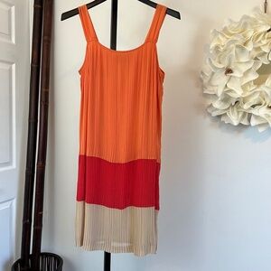 Dana Buchman Orange, Red, and Cream Color Block Pleated Shift Dress